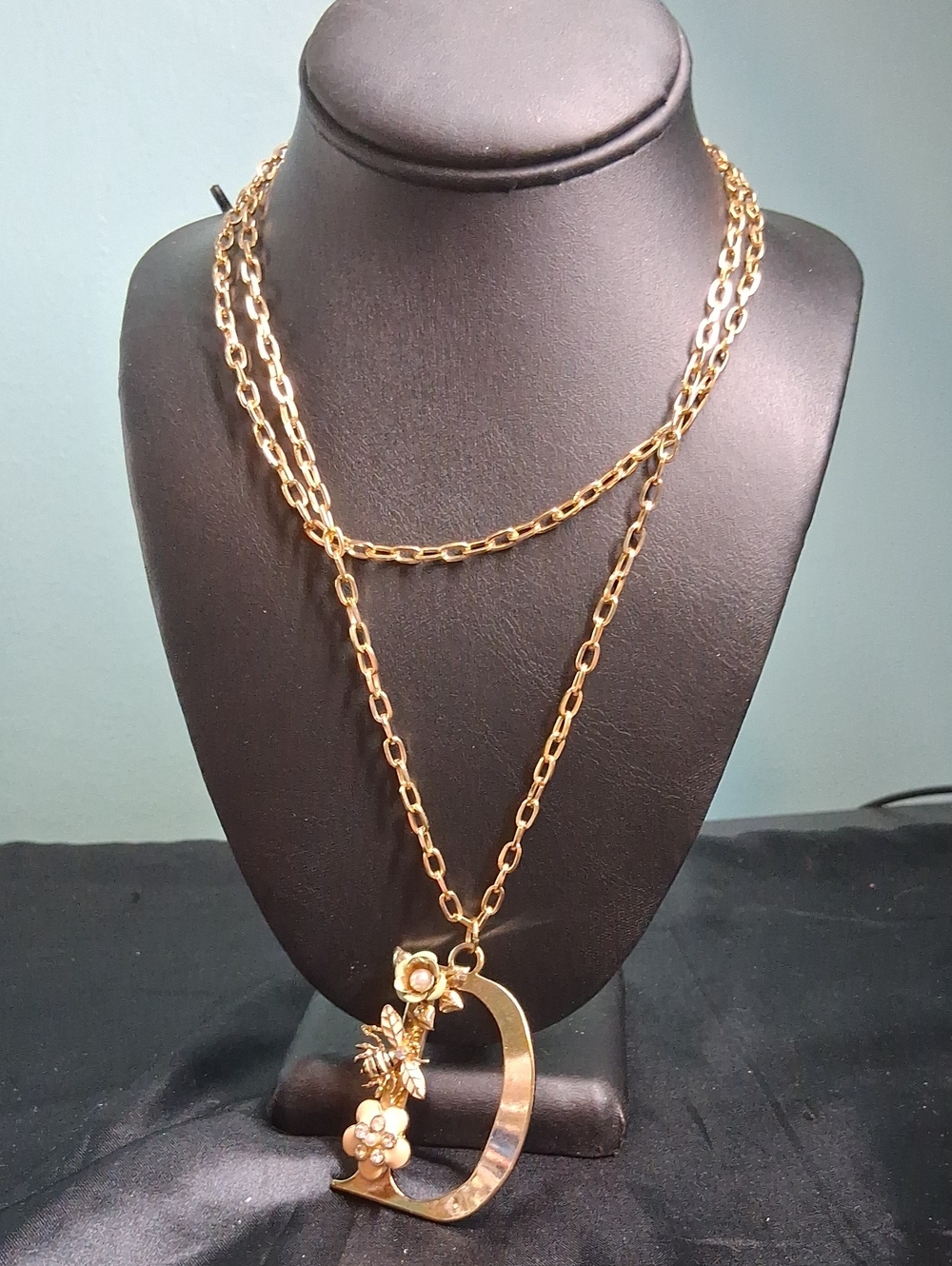 225. Contemporary Goldtone Necklace W "D" , 34"